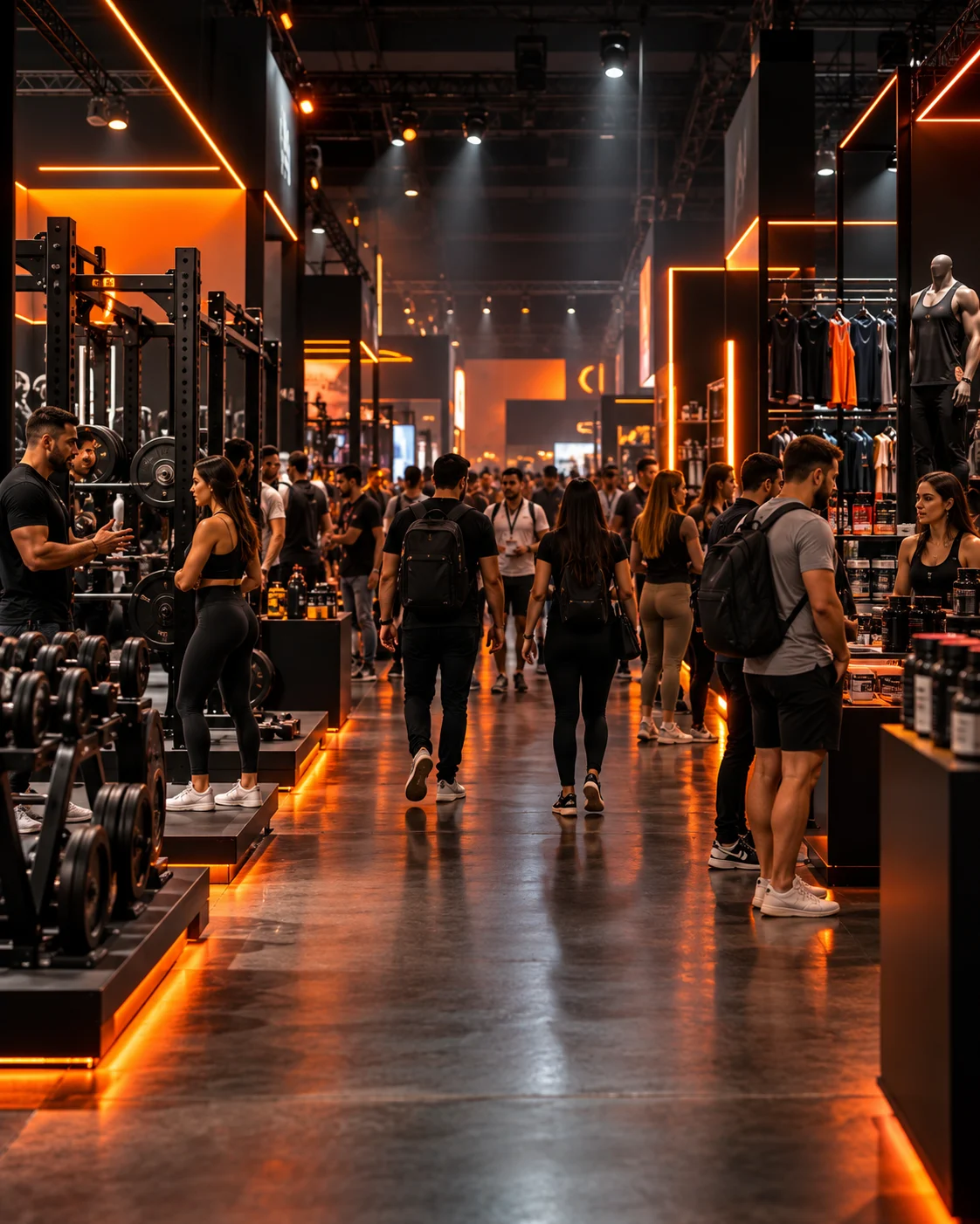 Pasillo de la expo comercial con stands de equipo, suplementos y ropa deportiva